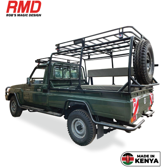 Toyota Land Cruiser 79 External Roll Cage with Roof Rack & 2 Spare Wheel Carriers on Rear of Cage
